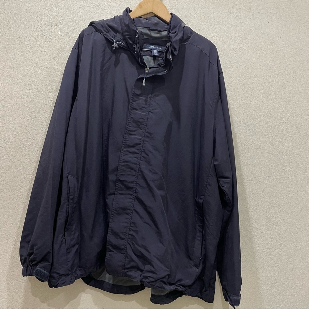 Lands End 3XL Hooded Windbreaker Navy Lightweight Rain Jacket Big & Tall
